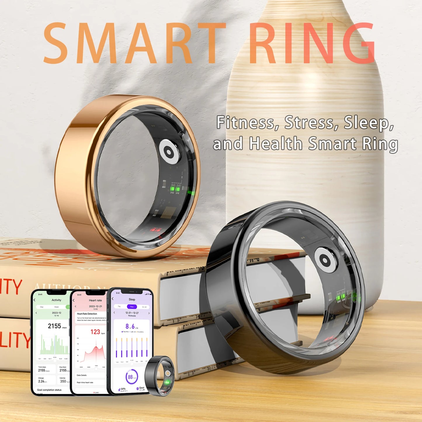 Smart Ring Blood Pressure Sleep Monitoring Waterproof Sports Fitness Tracker Military Grades Titanium Steel Shell SmartRing